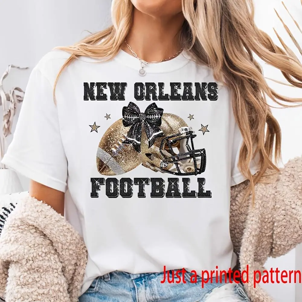 Printed pattern, New Orleans Football Helmet With Bow Print, Women's T-Shirt, NFL Game Day Fan Apparel, Casual Sports Watching Outfit