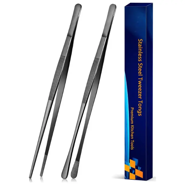2-Piece 12-Inch Stainless Steel Kitchen Tweezers Utensils, Portable Professional Chef Tongs with Precision Serrated Tips for BBQ, Plating (Black)