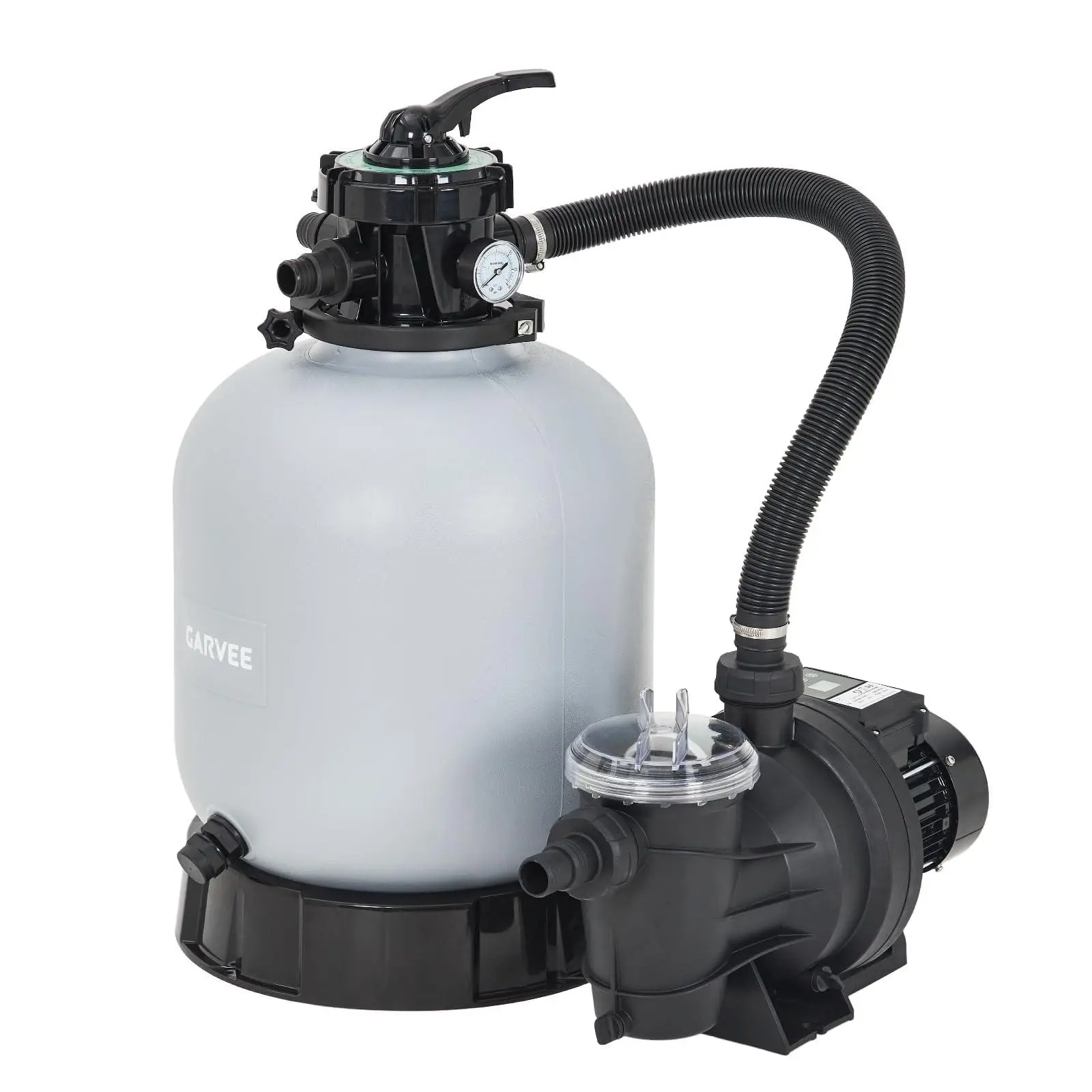 16" Tank Sand Filter Pump System for Above Ground Pools, 3/4HP, 3435GPH Pool Pump with 7-Position Multi-Port Valve, Strainer Basket, Hoses & Clamps, 88 Lbs Sand Capacity, Grey
