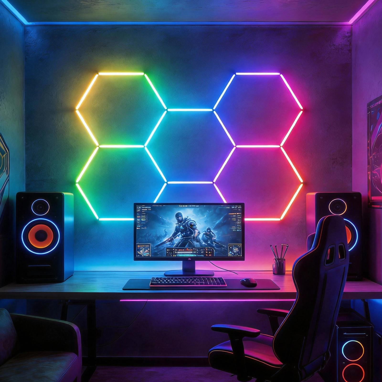 HYPERLITE RGB Hexagonal Honeycomb Light, Modular Garage Light System, Smart LED Hexagon Garage Lights for Ceiling or Wall, DIY Color Lighting Panels Music Sync, Remote Control, Decorative Honeycomb Light Garage, Gaming Room, Party memorialday
