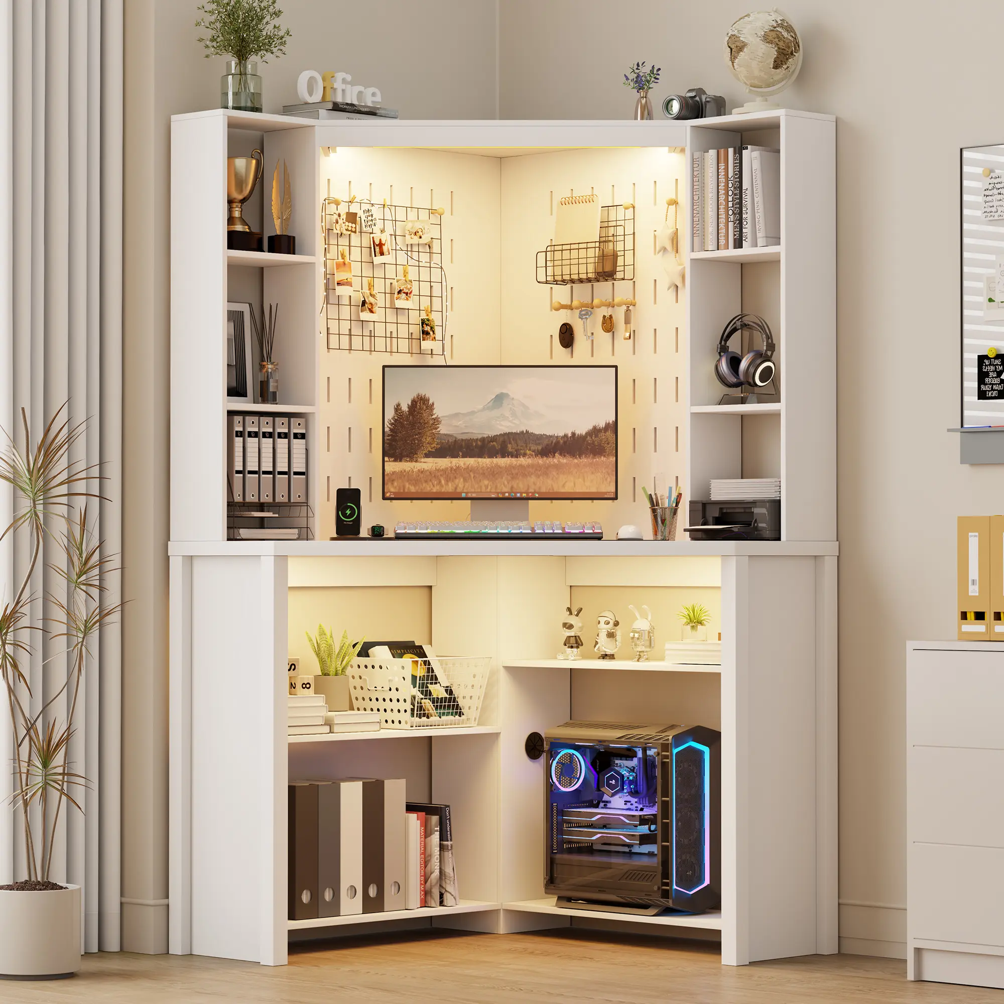 Vlsrka Corner Desk with LED Reading Lights, L Shaped Computer Desk with Hutch & Shelves, Triangle Home Office Desk w/ Charging Station for Work & Study, File Cabinet Storage Bookshelf for Small Space
