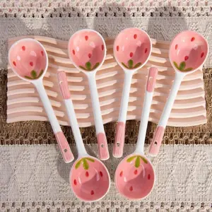 4-8Pcs Strawberry Cartoon Ceramic Spoon Set, Cute Stylish Tableware, Portable Utensils for Coffee, Tea, Dessert