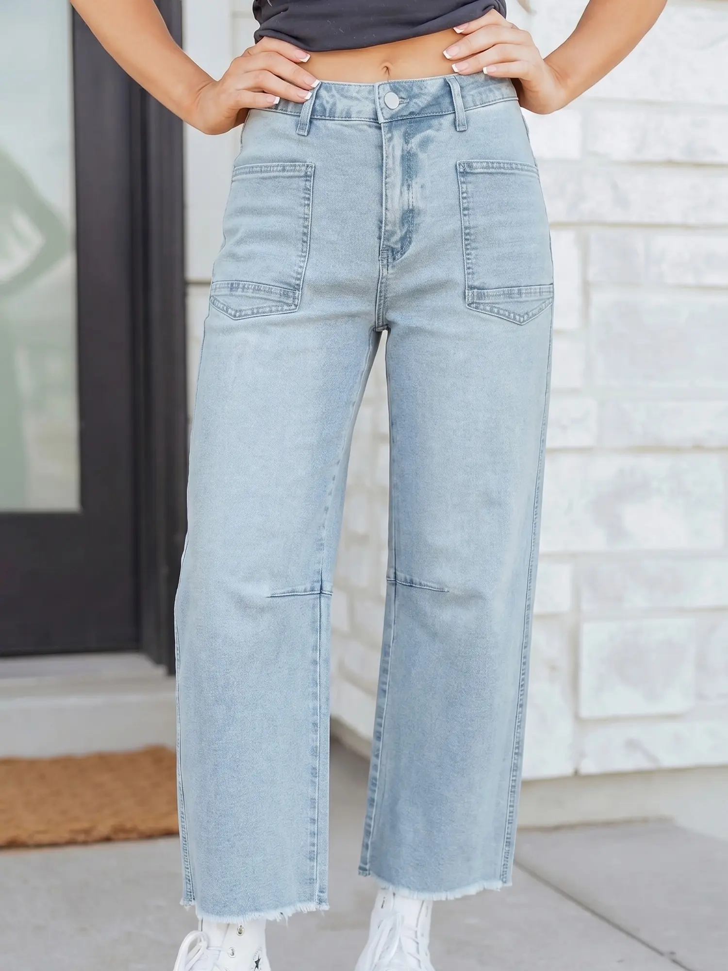 Women's High-Waisted Minimalist Frayed Cropped Straight Leg Denim Jeans - Raw Hem, Pockets, Urban Streetwear Fit for Everyday Casual Fashion Bottoms, Cropped Jeans