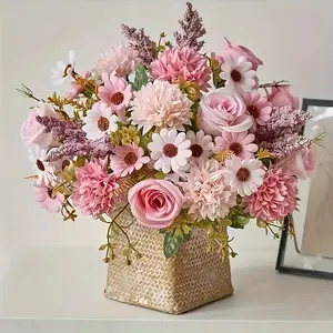 A Bouquet of High-Quality Artificial Roses And Hydrangeas in a Bohemian Style, Featuring Pink Roses, White Daisies, And Green Leaves. These Elegant And Romantic Faux Flowers Are Perfect for Weddings, Engagements, Birthdays, Valentine'S Day