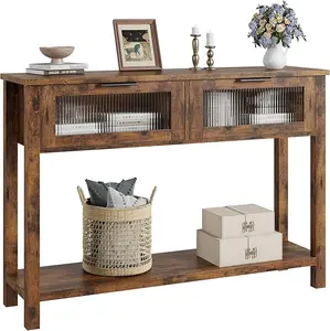 Wood Console Table with Glass Drawers & Open Storage Shelf, 2-Tier Farmhouse Sofa Side Table, Slim Entryway Table for Living Room Hallway Kitchen Behind Couch