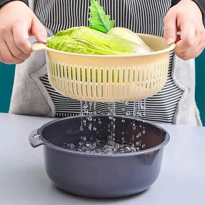 Double Layer Fruit Drain Basket, Creative Plastic Fruit & Vegetable Washing Basket, Kitchen Storage & Organization Supplies, Utensils