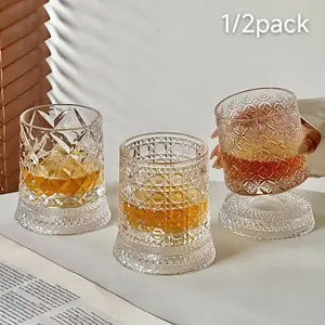 360° Rotating Whiskey Glass, Whiskey Drinking Glass, Hand-Carved Crystal Clear Whiskey Tumbler, Stress Relief Fidget Spinning Drinkware, Lead-Free Food Grade, Birthday Holiday Father's Day Gift for Friends and Family Home Bar Pub Use