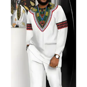 Men Ethnic Patterned Knit Suit Casual Crew Neck Long Sleeve 2 Piece Set Regular Fit With Pockets Breathable Skin Friendly All Season Polyester Suit