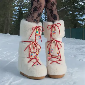 Women's Snow Boots Faux Fur Lining with Colorful Beaded Laces for Christmas Comfortable and Festive Style