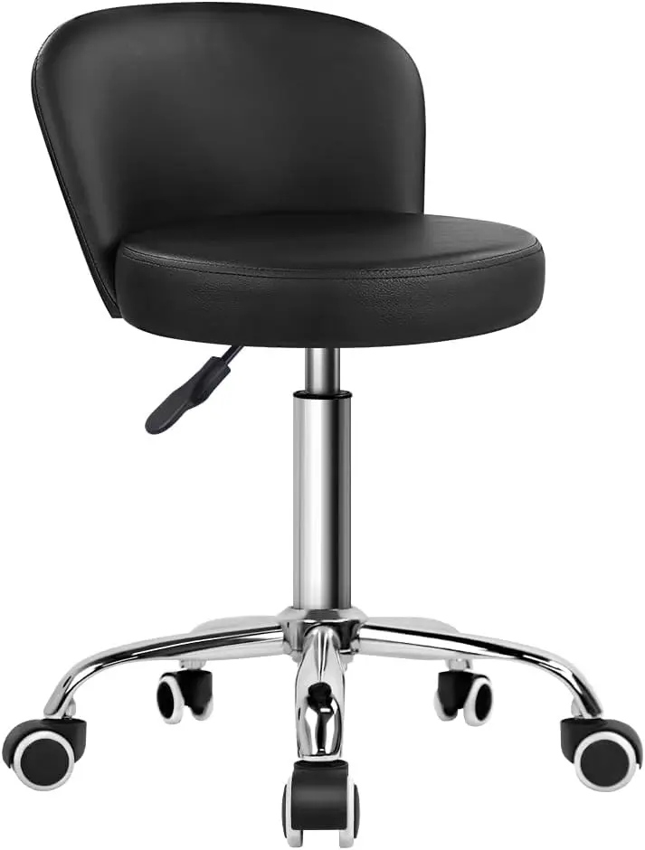 KKTONER PU Leather Rolling Vanity Chair with Backrest - Ergonomic Desk Chair, Adjustable Height, 360-Degree Swivel Drafting Stool with Wheels (Black), Adjustable Height Chairs