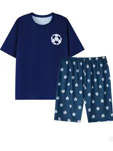 Men's Summer Plus Size Sleepwear Set, Short Sleeve Shorts, Casual Loose Fit Pajamas, Football Print Round Neck Home Wear