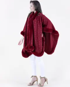 Woman's Crystal-Embellished Faux Fur Trim Cape Shawl - Luxurious Polyester with Acrylic Fur for Fall/Winter Elegance