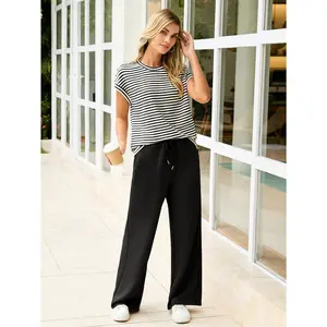 Simplee Womens 2 Piece Sets Striped Spring Outfits | Casual Short Sleeve Shirts and Wide Leg Pants Set | Trendy Lounge Sweatsuits