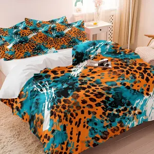 Orange Blue Colorblock Graffiti Leopard Print Duvet Cover Set with 1-2 Pillowcases No Core, Orange Blue Color Leopard Print Texture & White Graffiti Brushstroke, Soft Comfortable Bedding, Wild Trendy Art Bedroom Decor, Bed Sets Supplies
