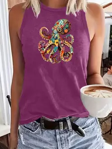 Vintage Floral Octopus Print Tank Top, Casual Round Neck Sleeveless Summer Vest, Comfortable Breathable, Women's Clothing S-Xxl