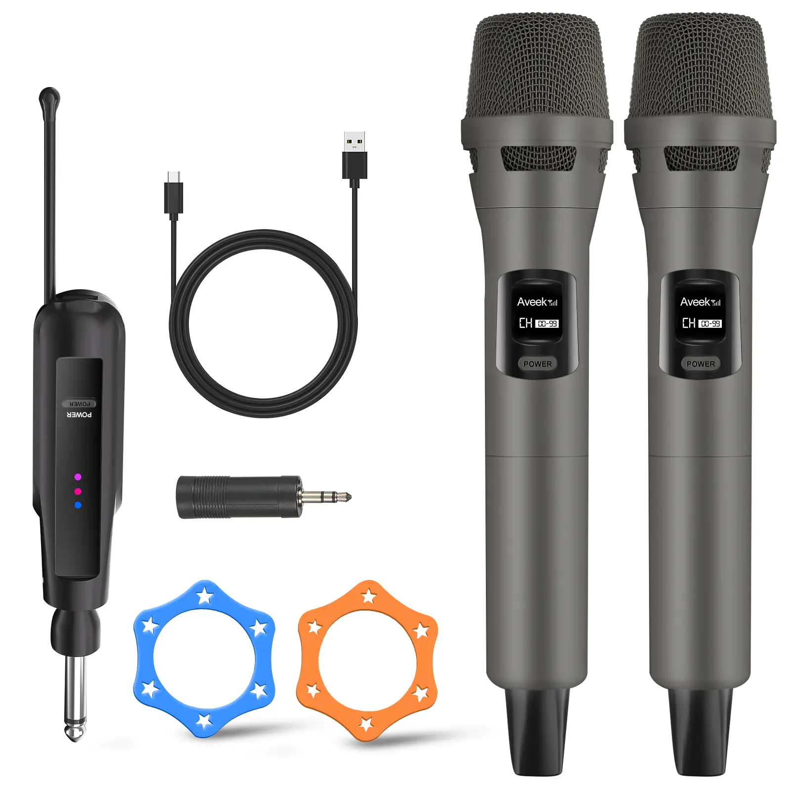 Aveek Wireless Microphone for Karaoke, 2.4GHz Rechargeable Cordless Dynamic Microphone and Wireless Receiver for Karaoke Machine,Church, Speech, Wedding, Party Singing, Grey, 2 Packs summerwins