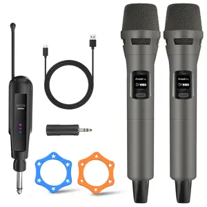 Aveek Wireless Microphones, Professional Cordless Dynamic Wireless Microphone System with Rechargeable Receiver, Clear Sound, Up to 12 Hours Battery Life, for Singing, Karaoke, Wedding, DJ, Party, Speech & Church, 2-Pack, Grey
