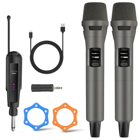 Aveek 2-Pack Grey 2.4GHz Cordless Dynamic Wireless Microphones with USB-C Charging, Built-In Batteries, 10+ Hr Playtime, Exceptional Vocal Clarity, 100ft Transmission Range, 3.5mm Jack Wireless Receiver for Karaoke Gear, Party Speakers