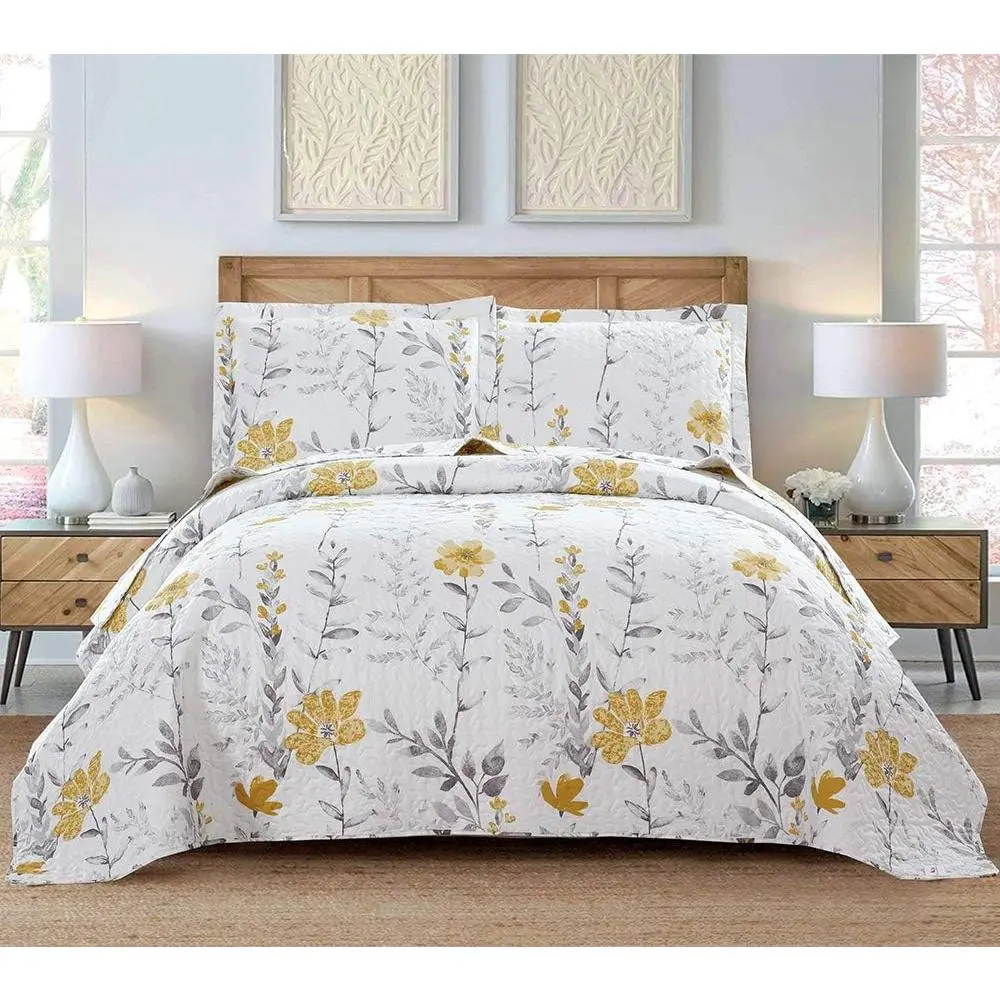 Grey Leaf Yellow Floral Twin Bedding Set - 2-Piece Bedspread Coverlet with Pillow Shams, Lightweight, Reversible, Breathable, Durable, Fade Resistant, All Seasons, Cotton