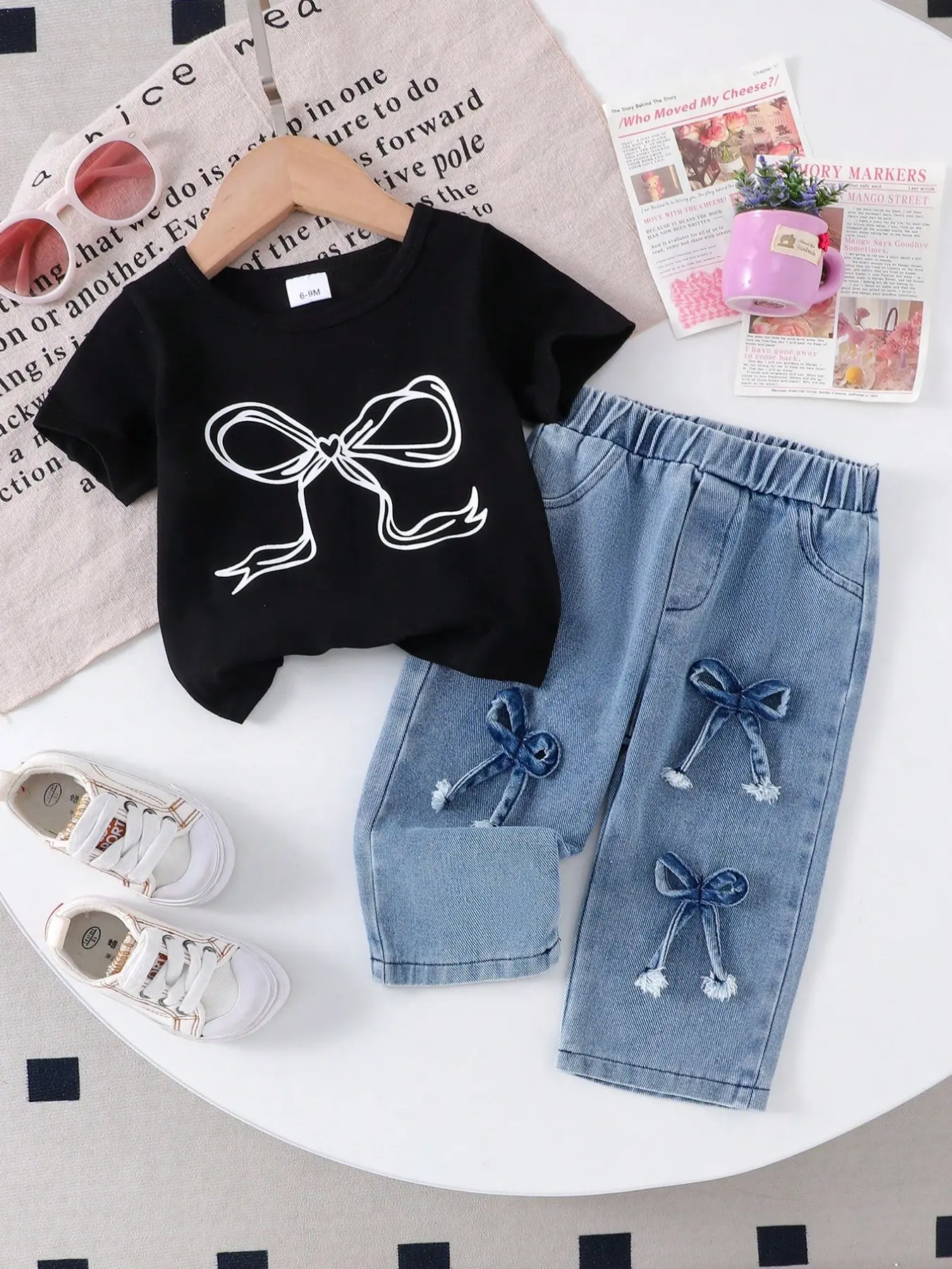 Baby Girl Fashion Casual Set, Bow Print Short Sleeve T-Shirt + Light Blue 3D Bow Denim Long Pants, 2-Piece Set, Baby Girl Clothes, Outfit, Baby Clothing