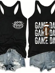 Vintage Game Day Football Tank Top, Casual Racerback for Game Season, Fitted Letter Pattern, Non-Full Placket, No Button, Without Zipper