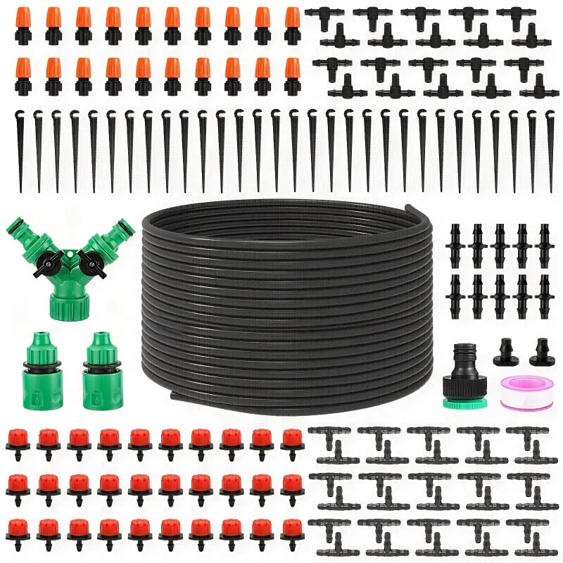 Drip irrigation kit, garden watering system, with 1/4" blank distribution tubing, suitable for automatic irrigation equipment in gardens, greenhouses, flower beds, patios, and lawns