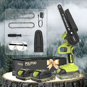 PULITUO Wireless Mini Electric 6-Inch Chainsaw 2000mAh Battery 600W Motor Automatic Oil Pump Safety Lock Lightweight Portable Wood Cutting Tool Ideal Gift