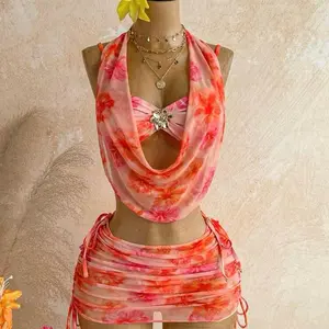 Women's Orange Digital Print 2-Piece Bikini Set with Sheer Sarong Skirt