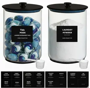 2 Pack 1 Gallon Glass Laundry Detergent Dispenser for Powder, 4L Large Laundry Pods Holder with Hygienic Plastic Lids & Metal Rim, Airtight Glass Canister Set with Scoops & Labels, Black