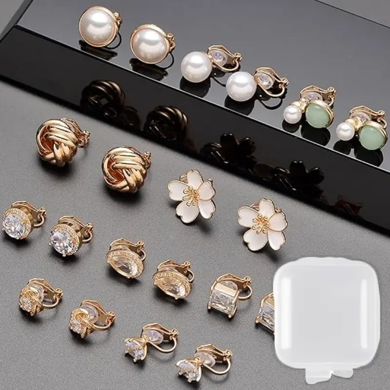 10 pairs minimalist rhinestone pearl ear clip set with 10 mini storage boxes, Clip On Earrings for Women Non Pierced Earrings