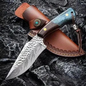 Thickened forged small knife, flame pattern blade, wooden handle, leather sheath, daily use, kitchen knife, outdoor knife. Steel 066 quick cutting