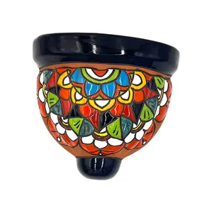 Terracotta Wall Planter Pot - Hand Painted Mexican Talavera - Dark Blue Trim