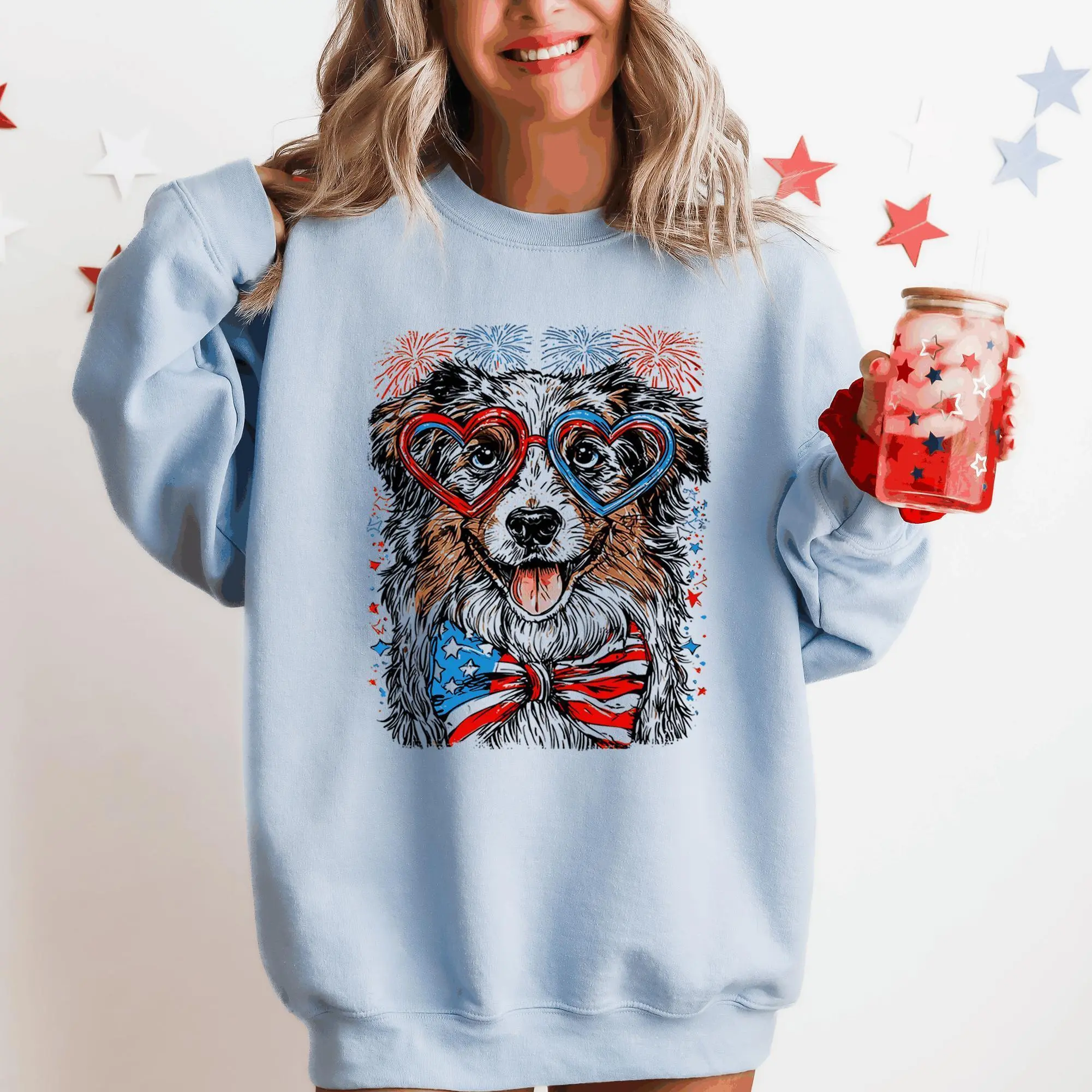Australian Shepherd Patriotic Dog, USA, America, Pet Lover, 4th of July Sweatshirt, Crew Neck, Women's, Crewneck