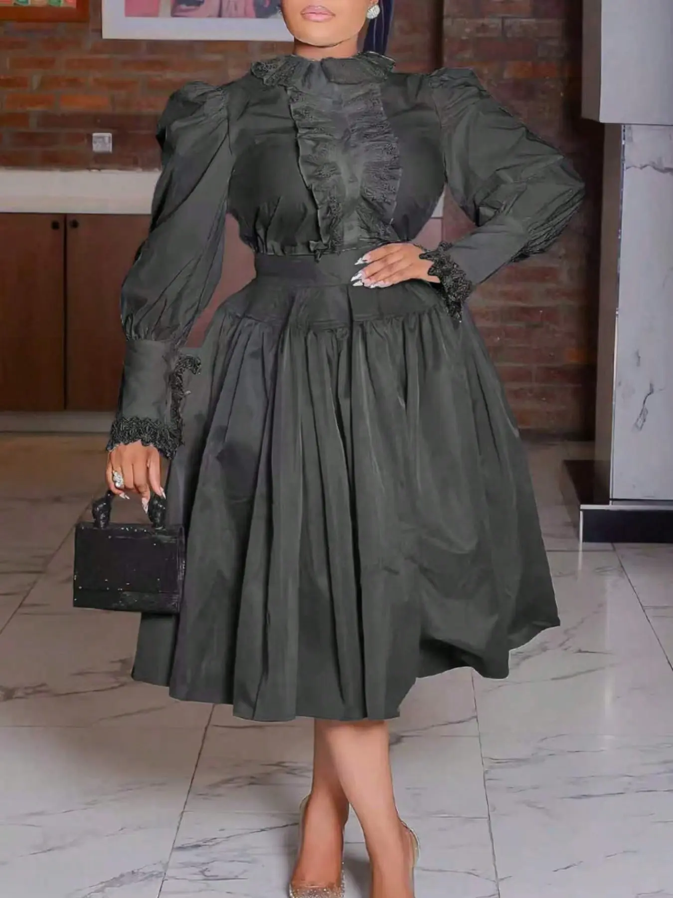 Elegant Chic Plus Size Summer Lace Trim Long Sleeve Fitted Bodycon Shirt Dress, Casual Wear, Holiday Wear, Daily Commute, Travel Street Style, Elegance, Bodycon Dresses