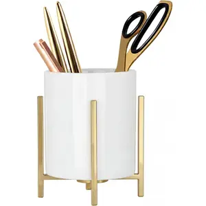 4.72" Gold Pen Holder Aesthetic Pencil Holder for Desk, Gold Desk Organizers and Accessories for Women Girls, Ceramic Pen Holder for Office