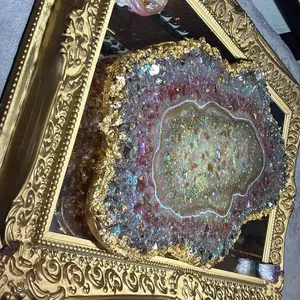 Aurora Luxe Iridescent Crystal Geode Handmade Resin Statement Art with Real Fire Glass & Gold Leaf Edges for Glam Homes & Statement Décor