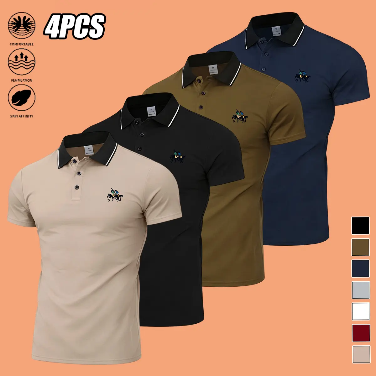 Men's 4-Piece Summer Casual Polo Shirts Set, Short-Sleeve, Knight Horse Print, 100% Polyester Stretchy Knit Fabric, Regular Fit, Turn-Down Collar, Button Details, Casual Wear