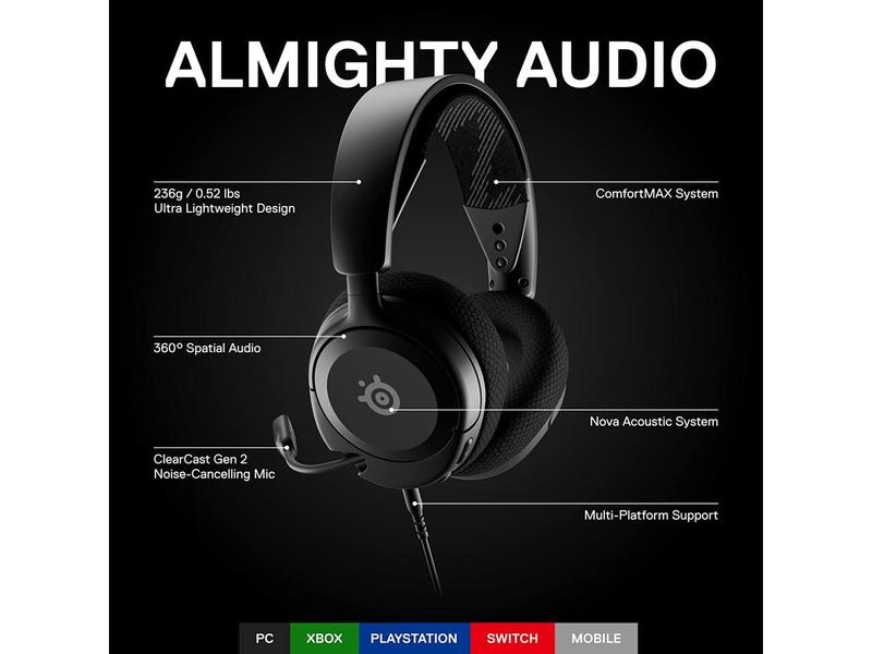 NEW SteelSeries Arctis Nova 1 Multi-System Gaming Headset — Hi-Fi Drivers — 360° Spatial Audio — Comfort Design — Durable — Ultra Lightweight — Noise-Cancelling Mic — PC, PS5/PS4, Switch, Xbox - Black