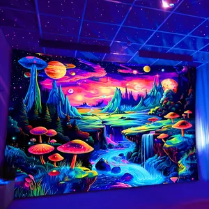 1 Piece Neon Light Landscape Mushroom UV Blacklight Tapestry, Large Peach Skin Fluorescent Tapestry, Beautiful Bedroom Tapestry, Suitable for Bedroom Office Living Room Home Decoration, Comes with Free Accessories