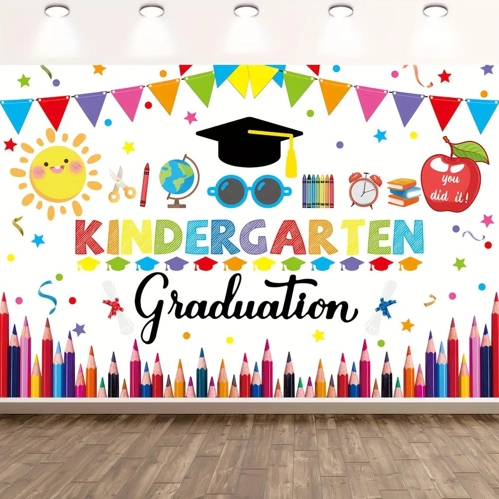 1PC,2D Flat Backdrop Kindergarten Graduation Backdrop, Kids' Grad Party Decoration Banner, Colorful Pencils, Sun, Apple Themed Photo Background, Kindergarten Graduation Season Themed Decor Supplies, Reusable