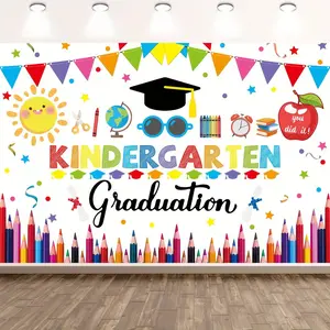 1PC,2D Flat Backdrop Kindergarten Graduation Backdrop, Kids' Grad Party Decoration Banner, Colorful Pencils, Sun, Apple Themed Photo Background, Kindergarten Graduation Season Themed Decor Supplies