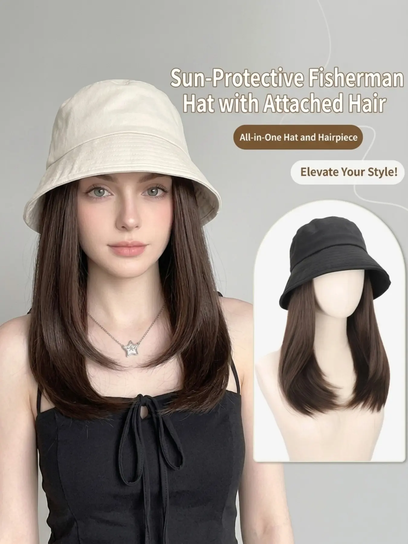 Women's Sun Protection Fisherman Hat Wig, Synthetic Fiber, Curly Medium-Length, Adjustable, UV-Blocking, Fashionable, All Seasons, Sunscreen Hat, Hat with Hair
