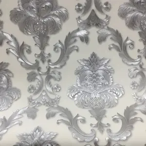 wallpaper 1 Roll Off White and Silvery Damask Pattern, Vinyl Wallpaper for Living Room Home Wall Decor Paper, Bedroom Paper Roll, No Adhesive