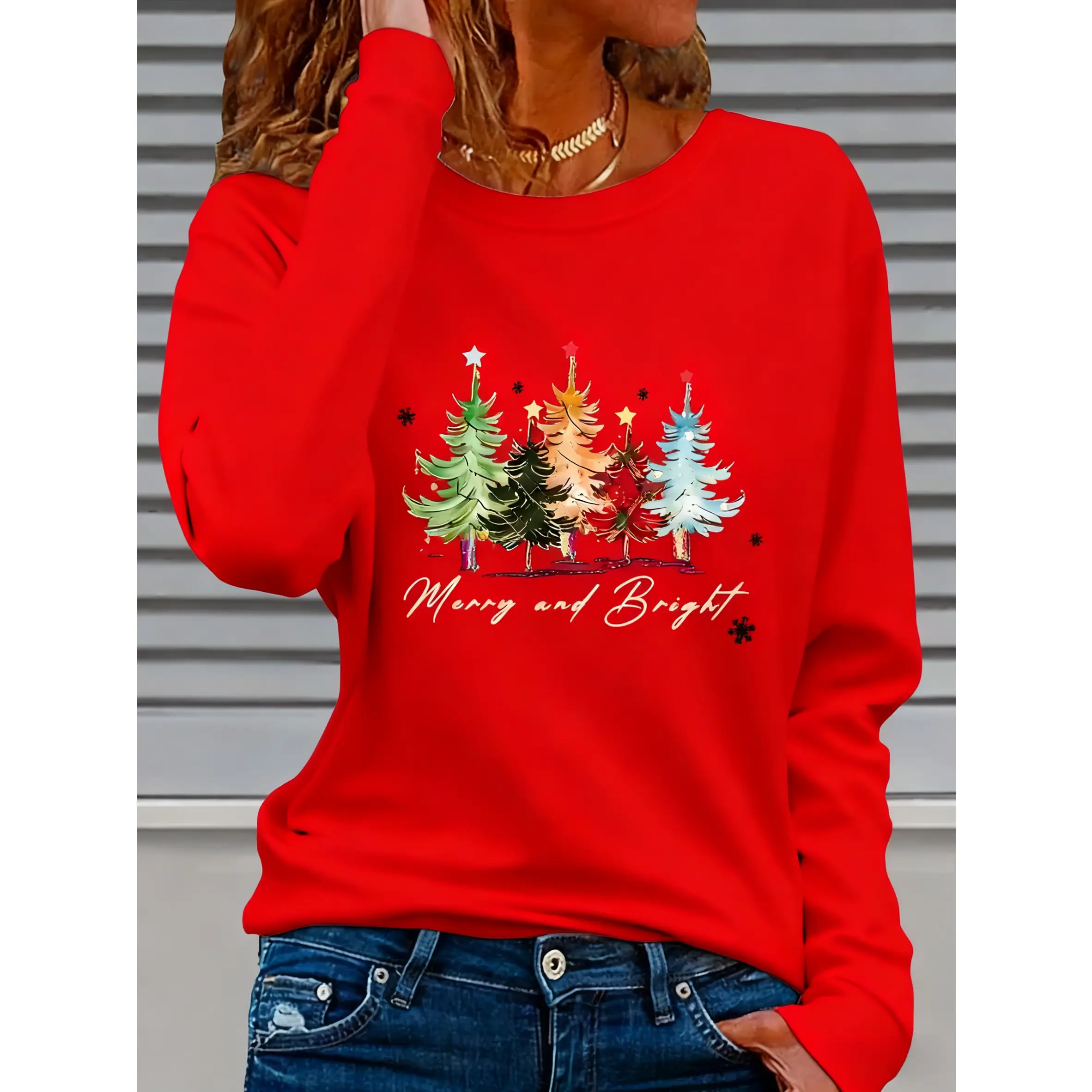 Women's Christmas Pattern Printed Long Sleeve Round Neck T-Shirt - Festive "Joy and Brightness" Design, Tree and Decoration Patterns, Autumn and Winter Comfortable Casual Top, Machine Washable Regular Fit, Durable Fabric, Holiday Themed Clothing