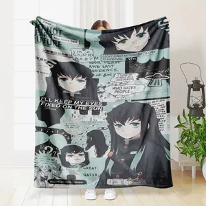 Cool Anime Demon Slayer Blanket Muichiro Tokito Grunge Aesthetic Print Soft Flannel Fleece Throw Mist Hashira Collage Pattern Gift For Otaku