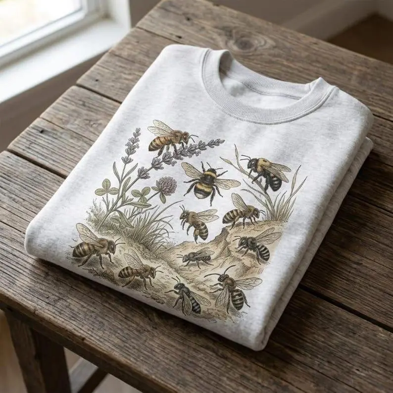 Vintage Bee Shirt Honeybee Sweatshirt Aesthetic Graphic Hoodie Unisex Crewneck Botanical Oversized Tee Cute Insect Lover Gift
