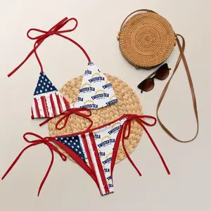 Tw!sted Tea American Flag Triangle Beach Bikini Set – Palm Tree Print Two-Piece Swimsuit for Women – Summer Beachwear with Tropical Vibes – Trendy Beer Lover Swimwear