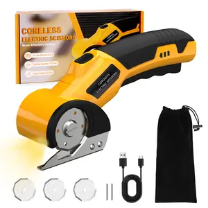 Cordless Electric Scissors,4V Rechargeable Cardboard Cutter Heavy Duty Scissor with Safety Lock & LED Light for Box Carpet Plastic Fabric (Yellow w/Bag)