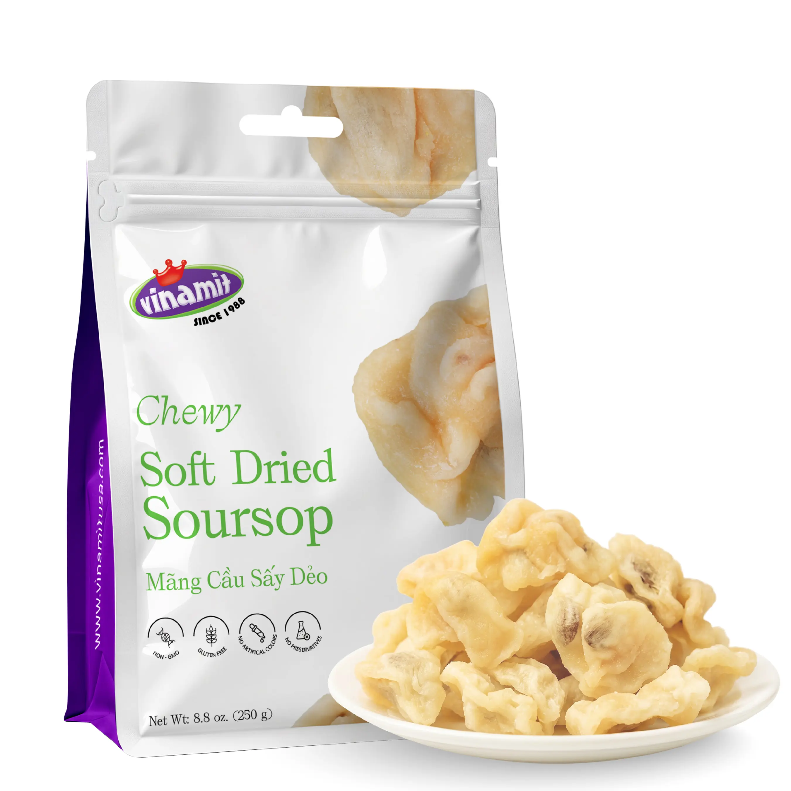 Vinamit Soft Dried Soursop Fruit 8.8 oz, Sweet-Tart Tropical Fruit Snacks | Soft & Chewy, Vietnamese Graviola Guanabana, High Fiber Antioxidant, Dried Fruit for Travel, Family Share, Adults & Kids