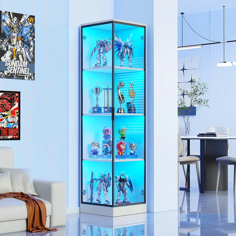 MIIFUNY Corner Display Cabinet with Doors, 4-Tier Corner Shelf&Bookcase for Collectibles, Toys, Books, Display Case with 3 Color Light, for Playroom, Bedroom, Study Room, White